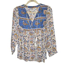 Lucky Brand Womens‎ Boho Floral Print Blouse M Blue White Tasseled Tie-Front Top